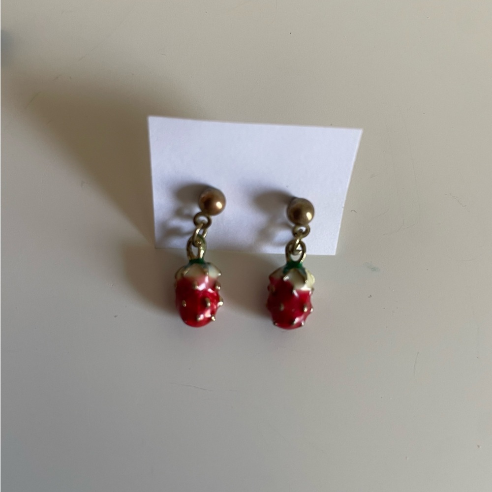 Red Strawberry Drop Earrings gold accents